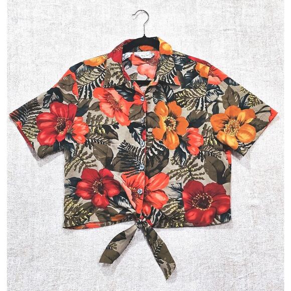Kathy Che Tops - Kathy Che Hawaiian Shirt Crop w/ Tie Women's Size 14 Tropical Beach Vacation